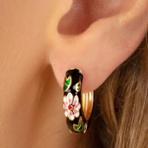 Floral Enamel Hoop Earrings N1084 - Picture 3 of 5